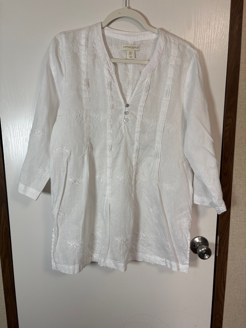 Cynthia Rowley White Linen Embroidered Tunic Top Sz M Boho Peasant Coastal Beach